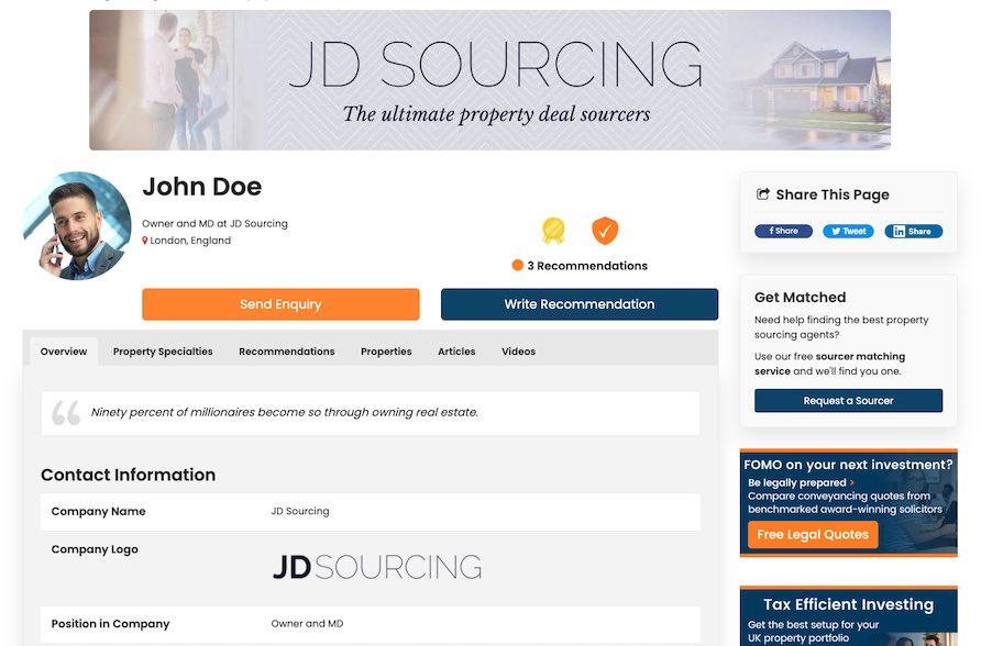 Property Sourcer Public Profile Page